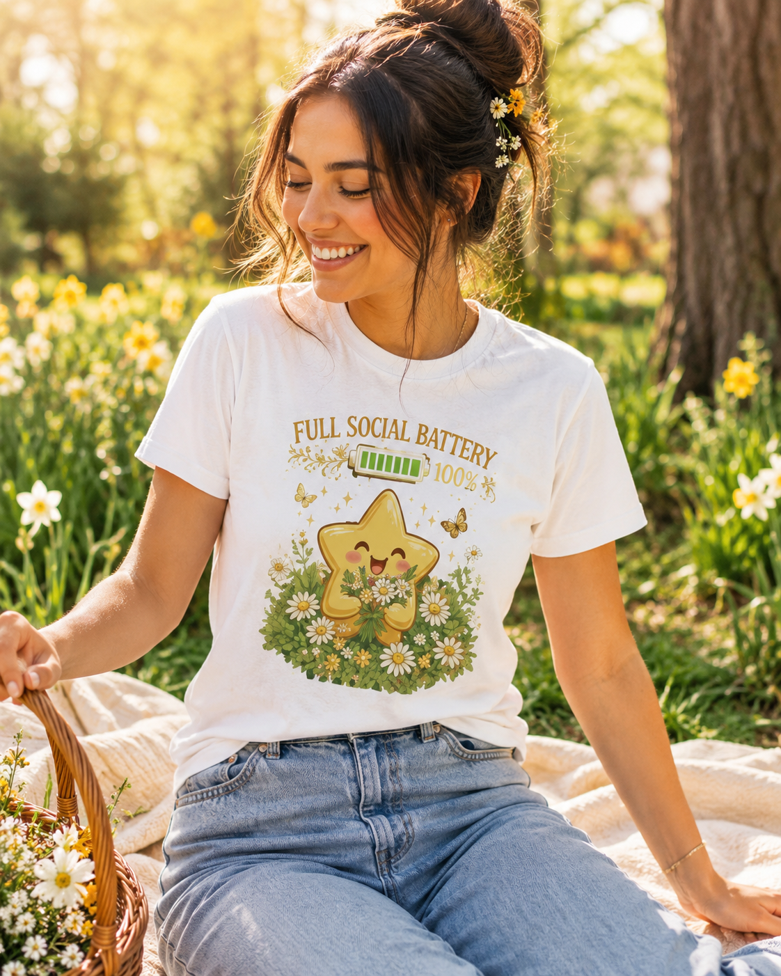 Full Social Battery T-Shirt - Happy Star Wildflower Boho Tee, Extrovert Gift, Spring Shirt, Positive Vibes, Unisex