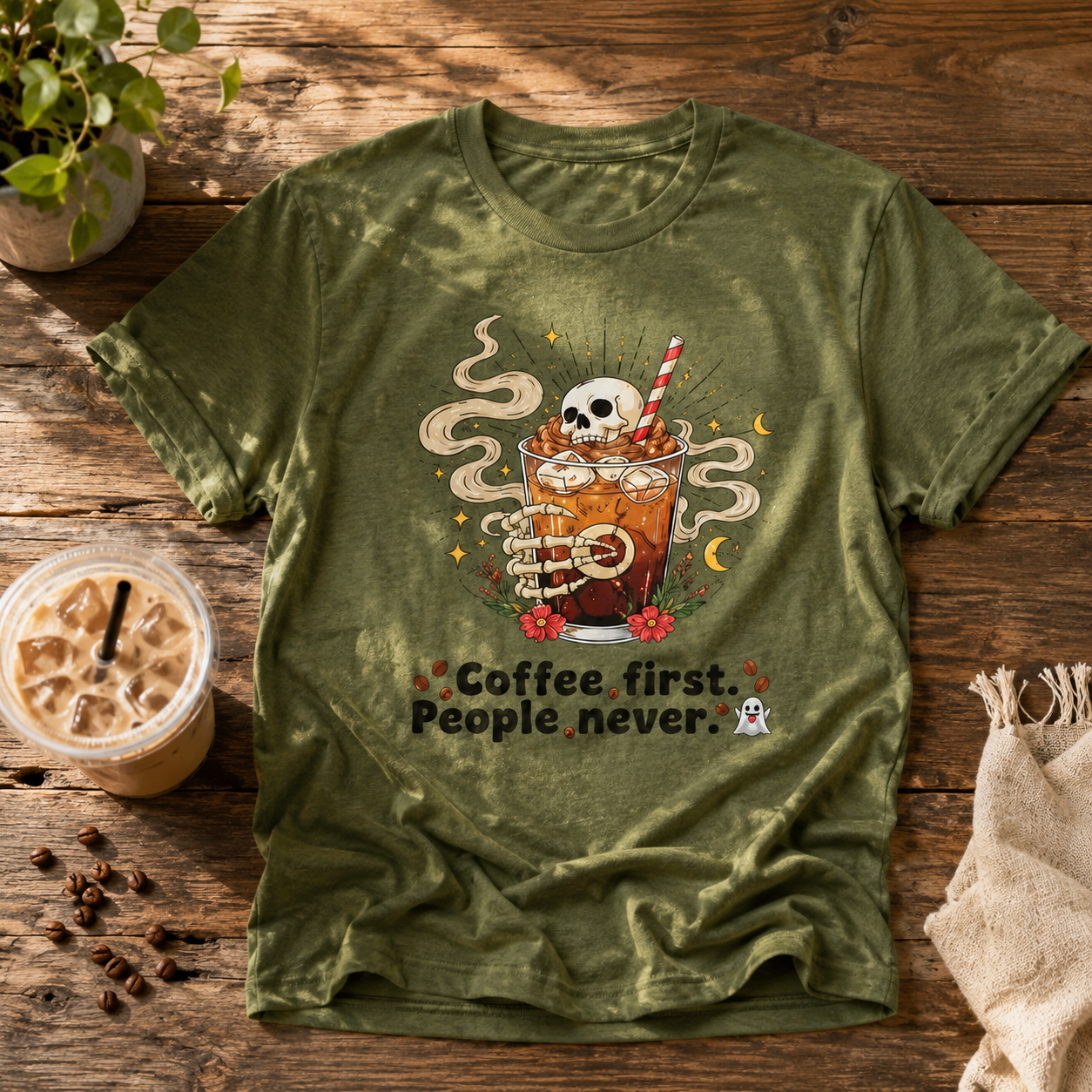 Coffee First People Never T-Shirt | Funny Skeleton Tee | Introvert Coffee Lover Gift | Antisocial Shirt | Unisex