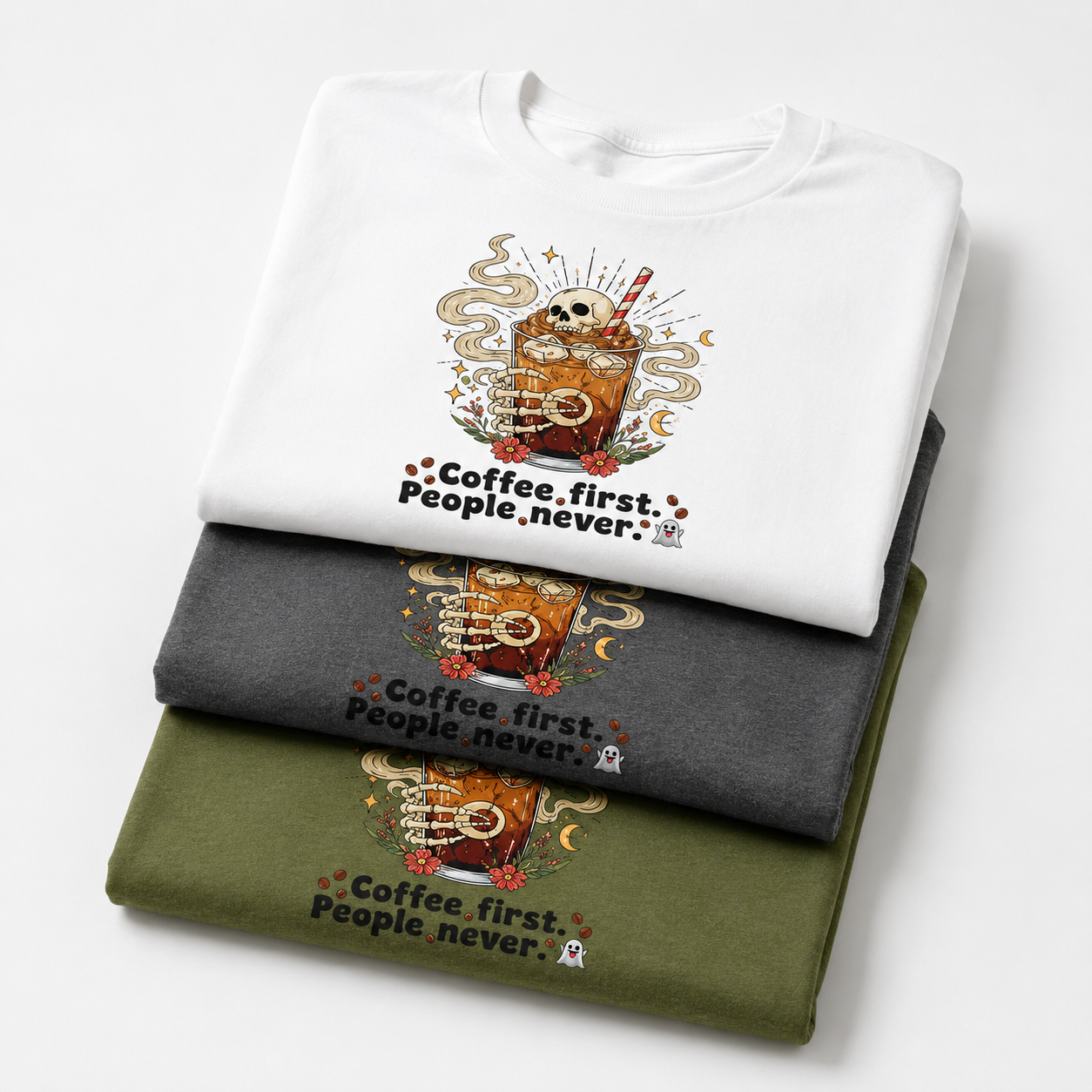 Coffee First People Never T-Shirt | Funny Skeleton Tee | Introvert Coffee Lover Gift | Antisocial Shirt | Unisex