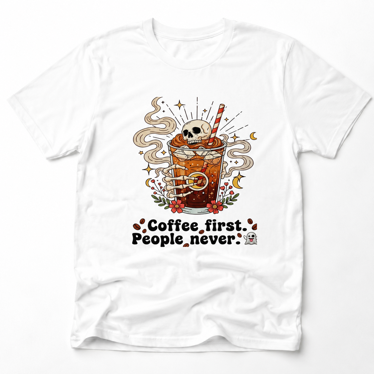 Coffee First People Never T-Shirt | Funny Skeleton Tee | Introvert Coffee Lover Gift | Antisocial Shirt | Unisex