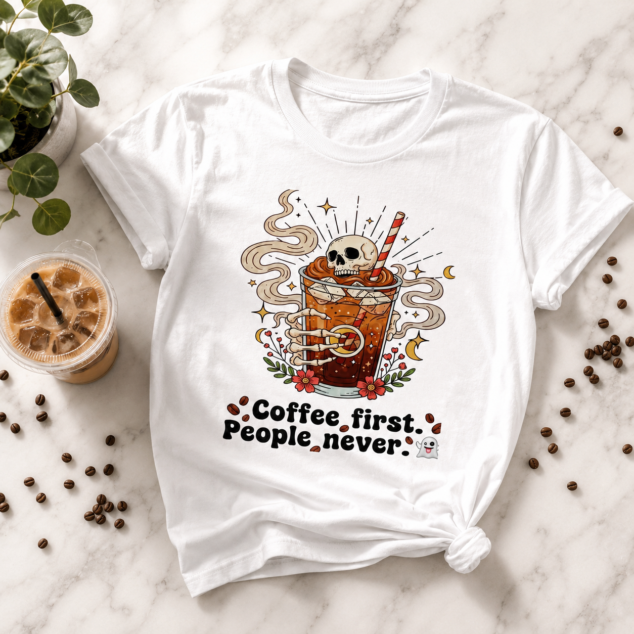 Coffee First People Never T-Shirt | Funny Skeleton Tee | Introvert Coffee Lover Gift | Antisocial Shirt | Unisex