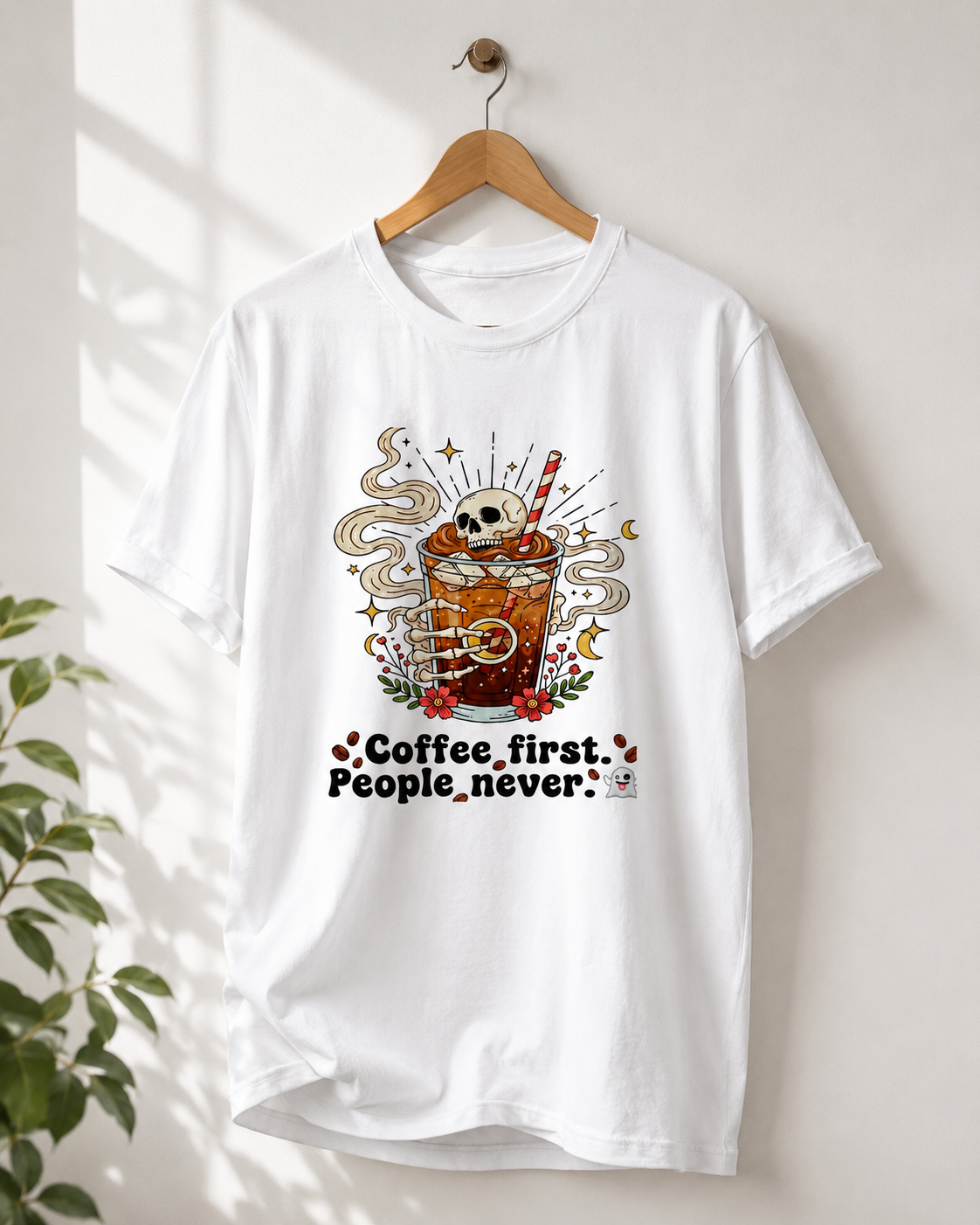 Coffee First People Never T-Shirt | Funny Skeleton Tee | Introvert Coffee Lover Gift | Antisocial Shirt | Unisex
