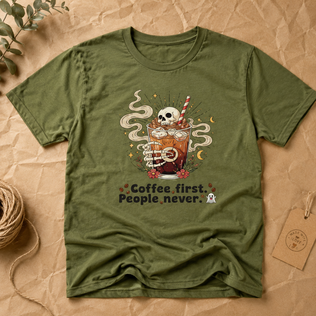 Coffee First People Never T-Shirt | Funny Skeleton Tee | Introvert Coffee Lover Gift | Antisocial Shirt | Unisex
