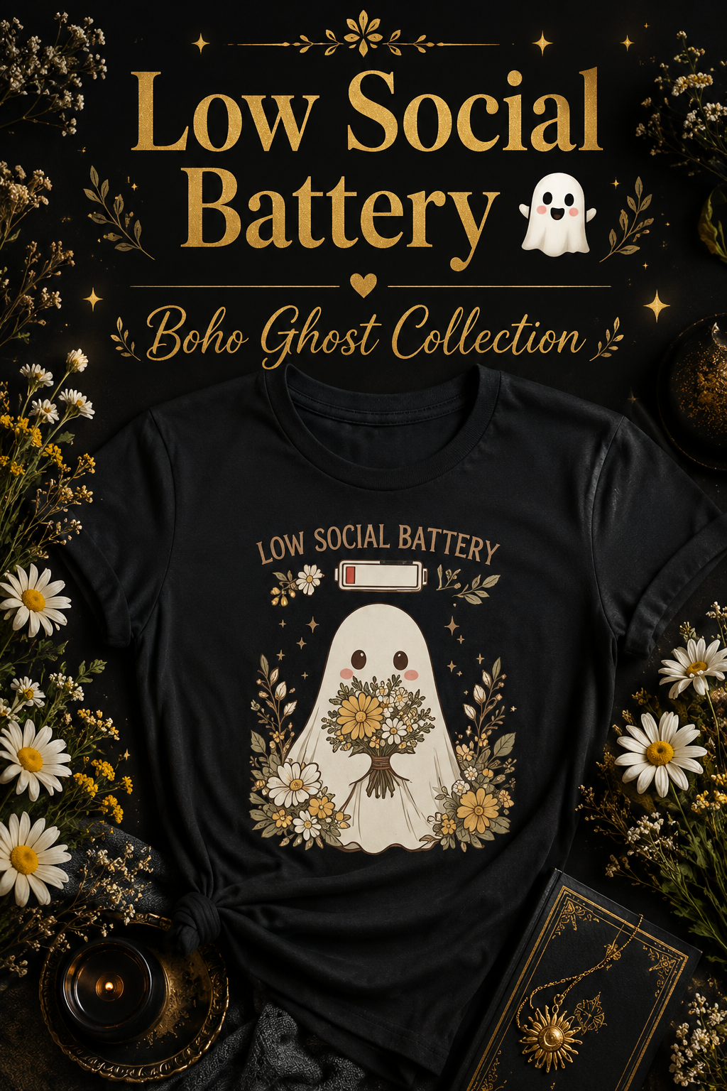 Full Social Battery T-Shirt – Happy Star Wildflower Boho Tee, Extrovert Gift, Spring Shirt, Positive Vibes, Unisex