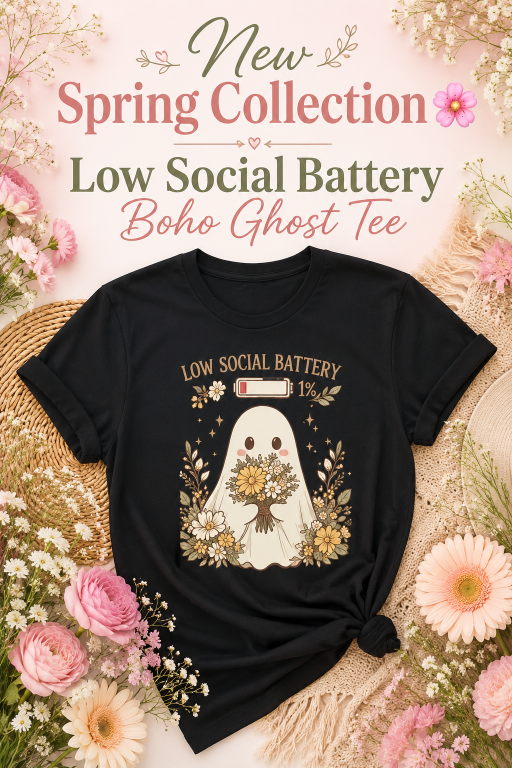 Full Social Battery T-Shirt – Happy Star Wildflower Boho Tee, Extrovert Gift, Spring Shirt, Positive Vibes, Unisex