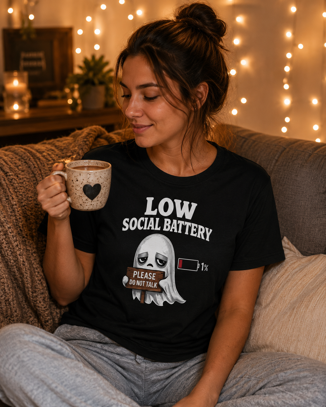 Ghost Please Do Not Talk T-Shirt | Low Social Battery 1% | Funny Introvert Tee | Antisocial Gift | Unisex