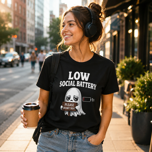Ghost Please Do Not Talk T-Shirt | Low Social Battery 1% | Funny Introvert Tee | Antisocial Gift | Unisex