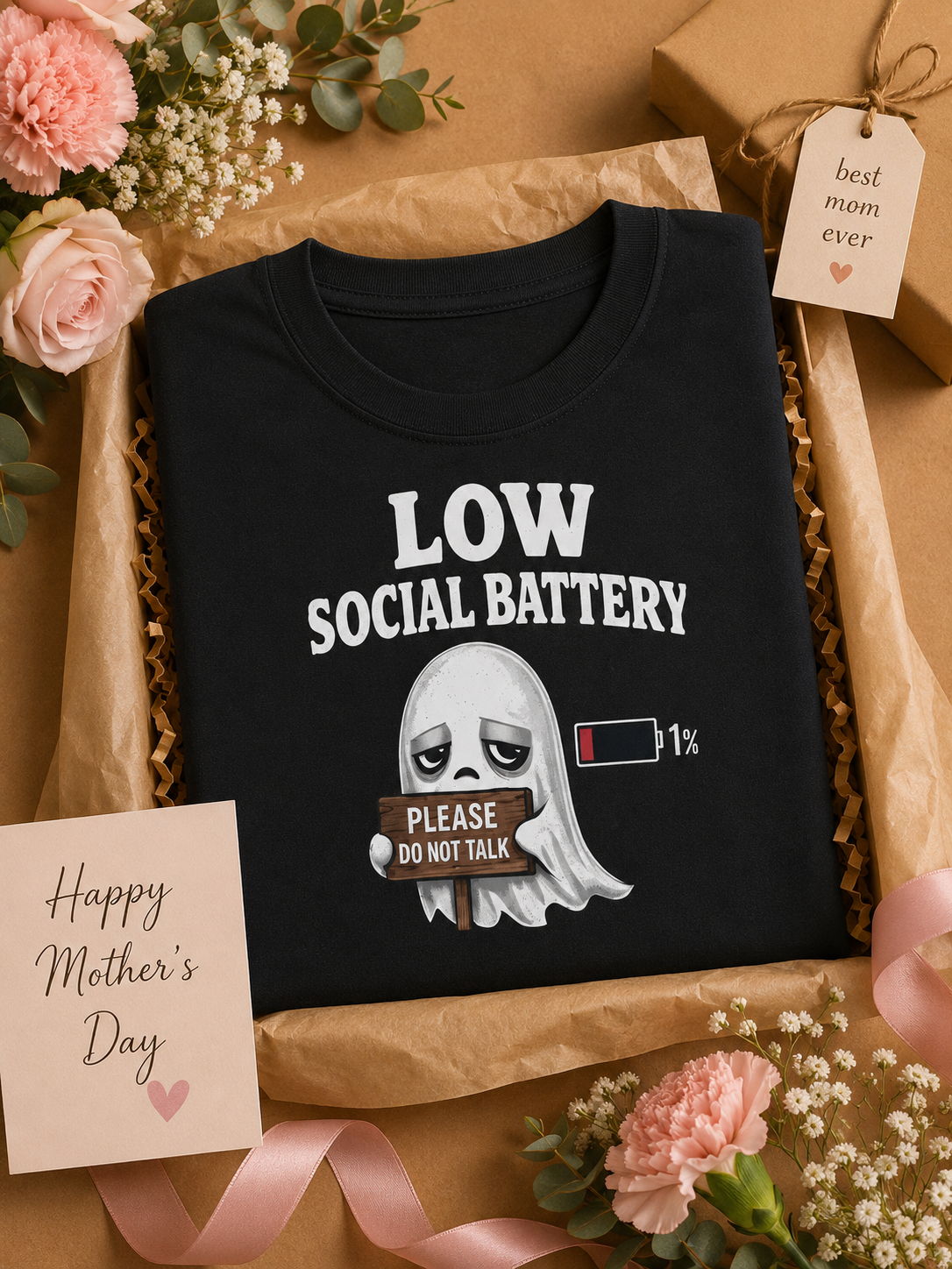 Ghost Please Do Not Talk T-Shirt | Low Social Battery 1% | Funny Introvert Tee | Antisocial Gift | Unisex