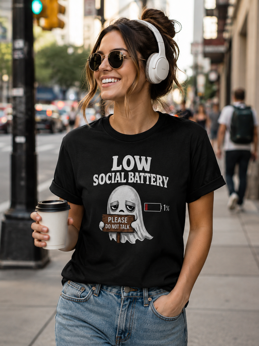 Ghost Please Do Not Talk T-Shirt | Low Social Battery 1% | Funny Introvert Tee | Antisocial Gift | Unisex