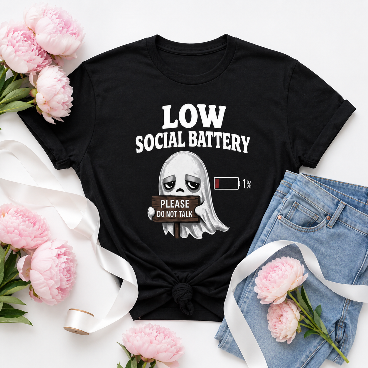 Ghost Please Do Not Talk T-Shirt | Low Social Battery 1% | Funny Introvert Tee | Antisocial Gift | Unisex