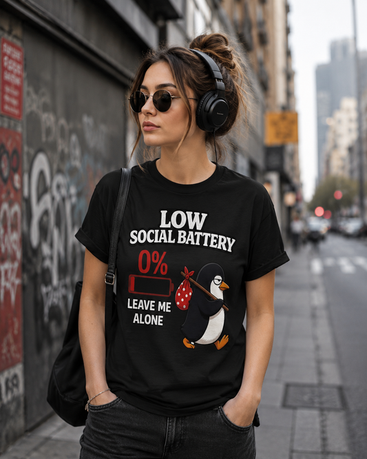 Penguin Gone Home T-Shirt | Low Social Battery 0% | Funny Introvert Tee | Homebody Gift | Unisex