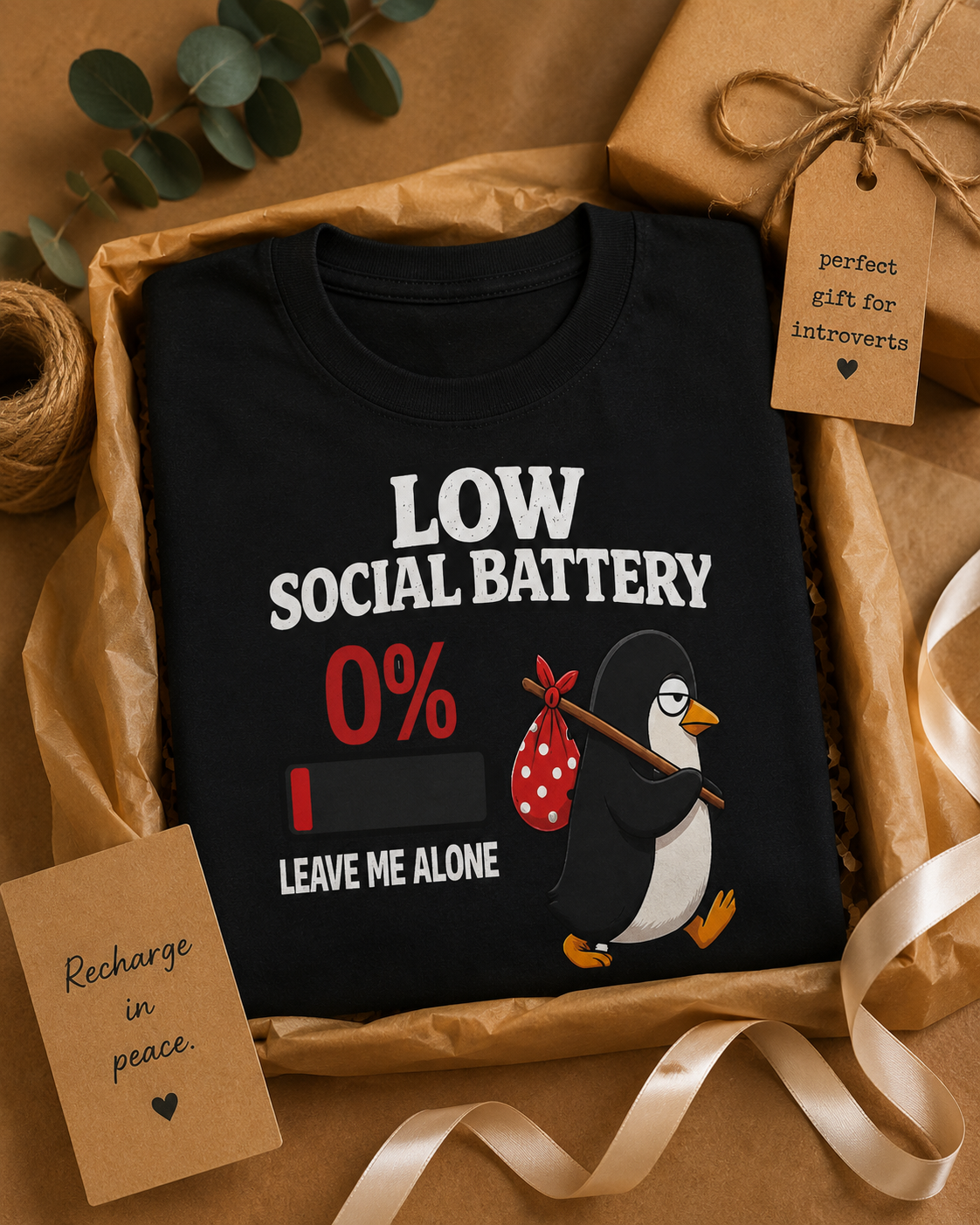 Penguin Gone Home T-Shirt | Low Social Battery 0% | Funny Introvert Tee | Homebody Gift | Unisex