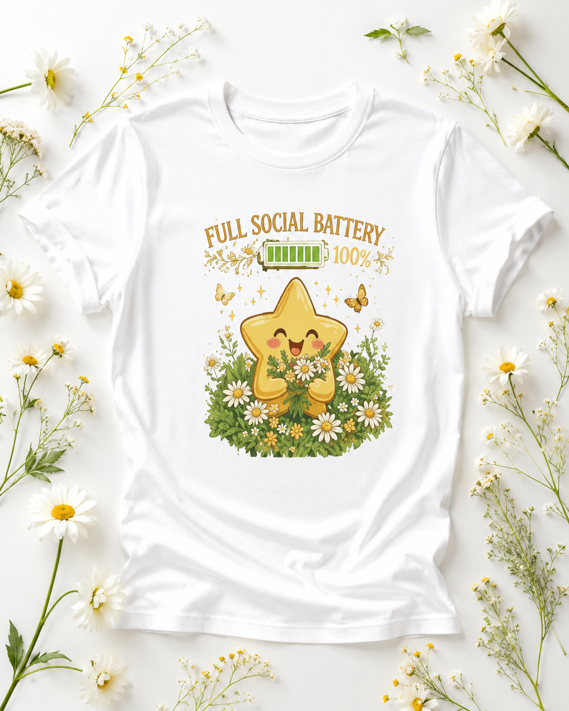 Full Social Battery T-Shirt - Happy Star Wildflower Boho Tee, Extrovert Gift, Spring Shirt, Positive Vibes, Unisex