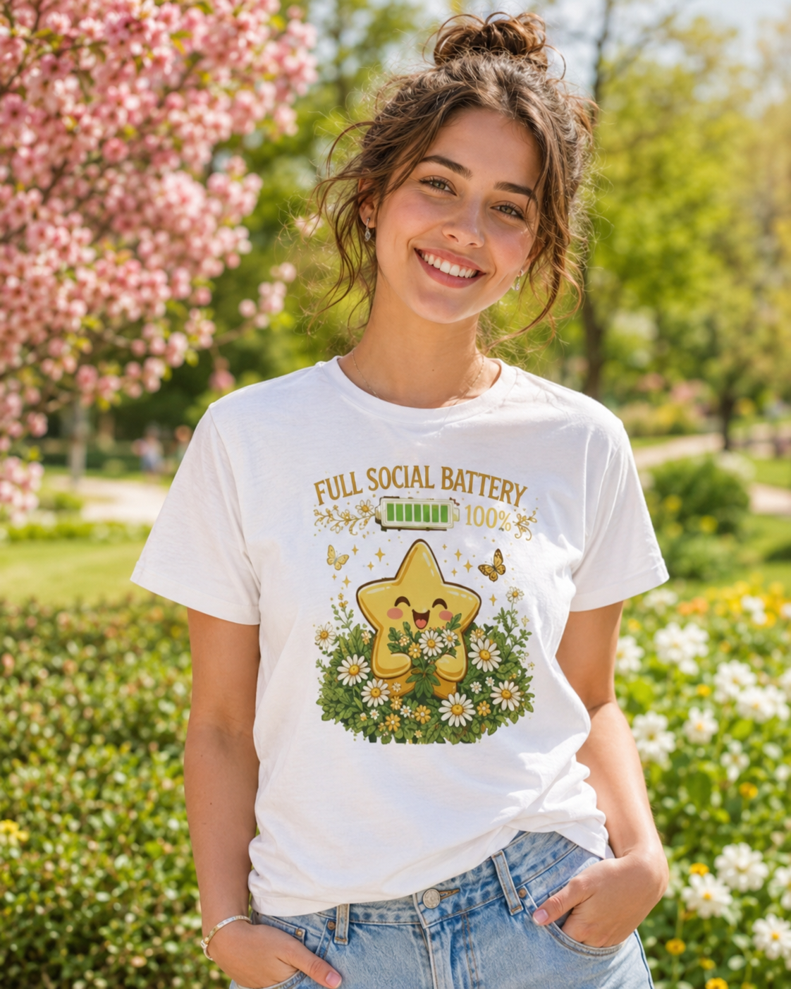 Full Social Battery T-Shirt - Happy Star Wildflower Boho Tee, Extrovert Gift, Spring Shirt, Positive Vibes, Unisex