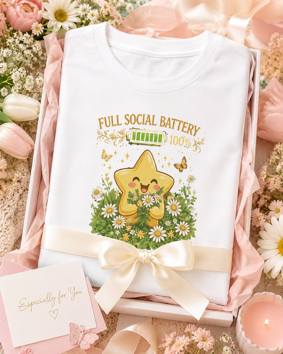 Full Social Battery T-Shirt - Happy Star Wildflower Boho Tee, Extrovert Gift, Spring Shirt, Positive Vibes, Unisex