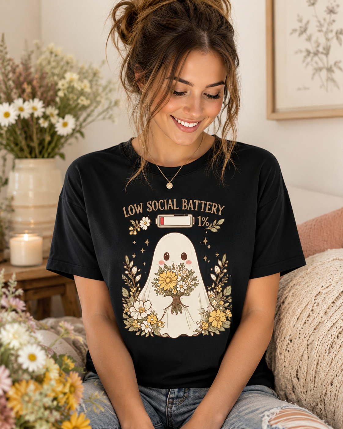 Full Social Battery T-Shirt – Happy Star Wildflower Boho Tee, Extrovert Gift, Spring Shirt, Positive Vibes, Unisex