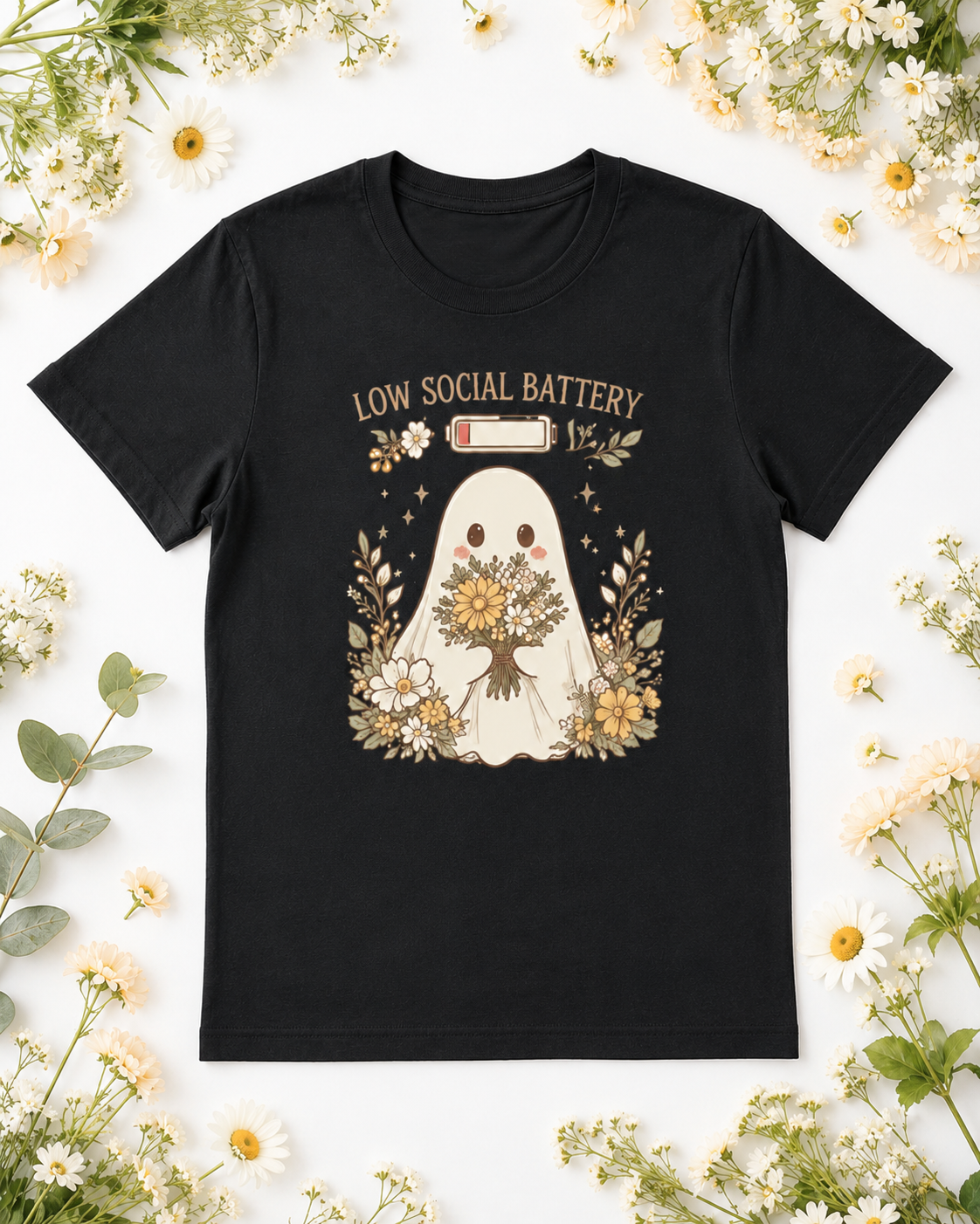 Full Social Battery T-Shirt – Happy Star Wildflower Boho Tee, Extrovert Gift, Spring Shirt, Positive Vibes, Unisex