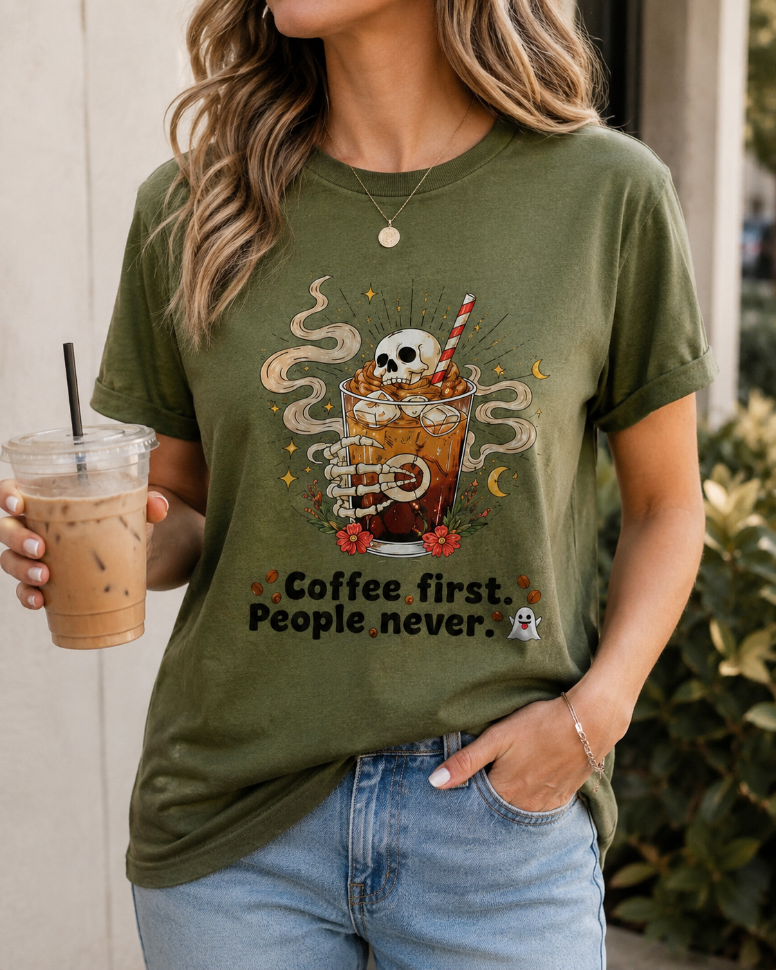 Coffee First People Never T-Shirt | Funny Skeleton Tee | Introvert Coffee Lover Gift | Antisocial Shirt | Unisex