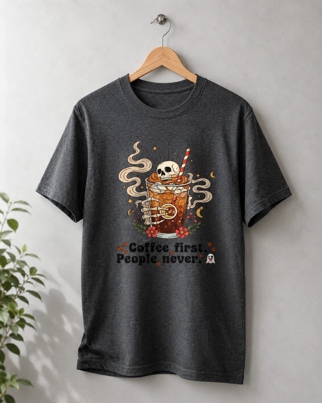 Coffee First People Never T-Shirt | Funny Skeleton Tee | Introvert Coffee Lover Gift | Antisocial Shirt | Unisex
