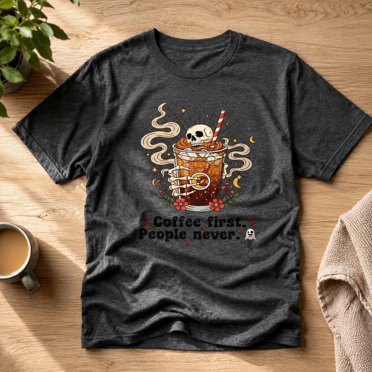 Coffee First People Never T-Shirt | Funny Skeleton Tee | Introvert Coffee Lover Gift | Antisocial Shirt | Unisex