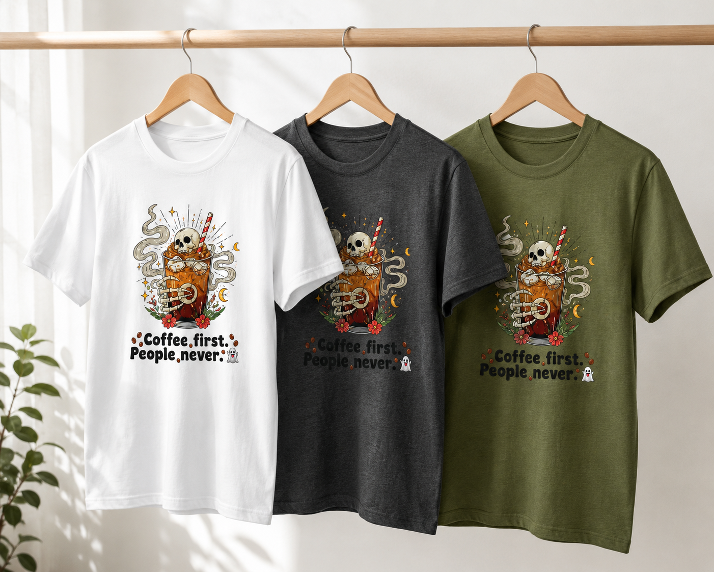 Coffee First People Never T-Shirt | Funny Skeleton Tee | Introvert Coffee Lover Gift | Antisocial Shirt | Unisex