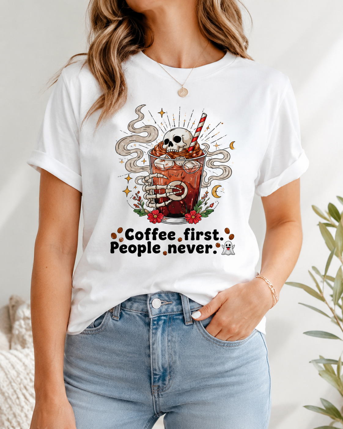 Coffee First People Never T-Shirt | Funny Skeleton Tee | Introvert Coffee Lover Gift | Antisocial Shirt | Unisex